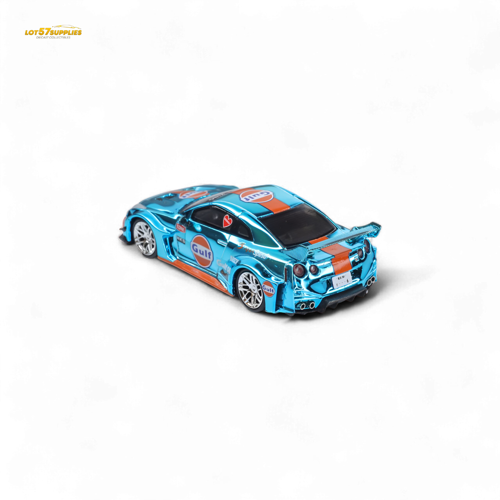 Chrome Gulf Nissan GT-R R35 diecast car by Lot57Supplies, detailed 1:64 scale model of the Demon King Auto LBWK Nissan.