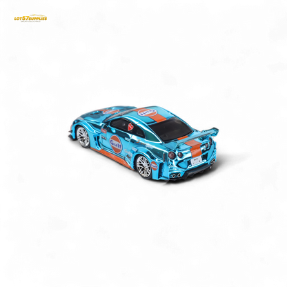 Chrome Gulf Nissan GT-R R35 diecast car by Lot57Supplies, detailed 1:64 scale model of the Demon King Auto LBWK Nissan.