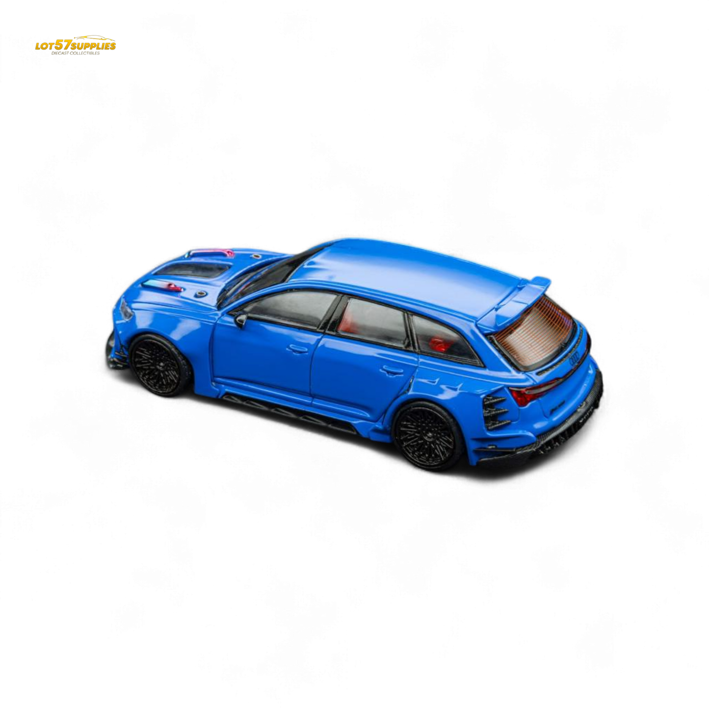 Blue 1:64 scale diecast Audi RS6 Wagon model by Lot57Supplies Diecast Shop, detailed miniature car, pre-order collectible.