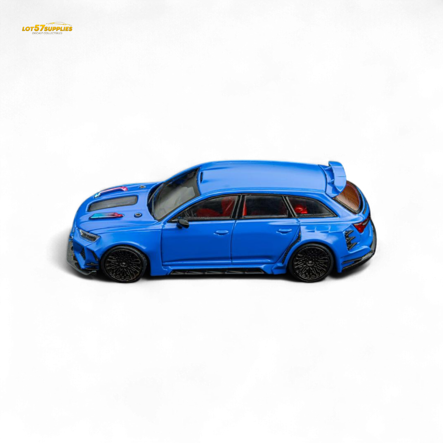 Blue 1:64 scale Audi RS6 wagon diecast model by Lot57Supplies, detailed miniature vehicle for collection or display.