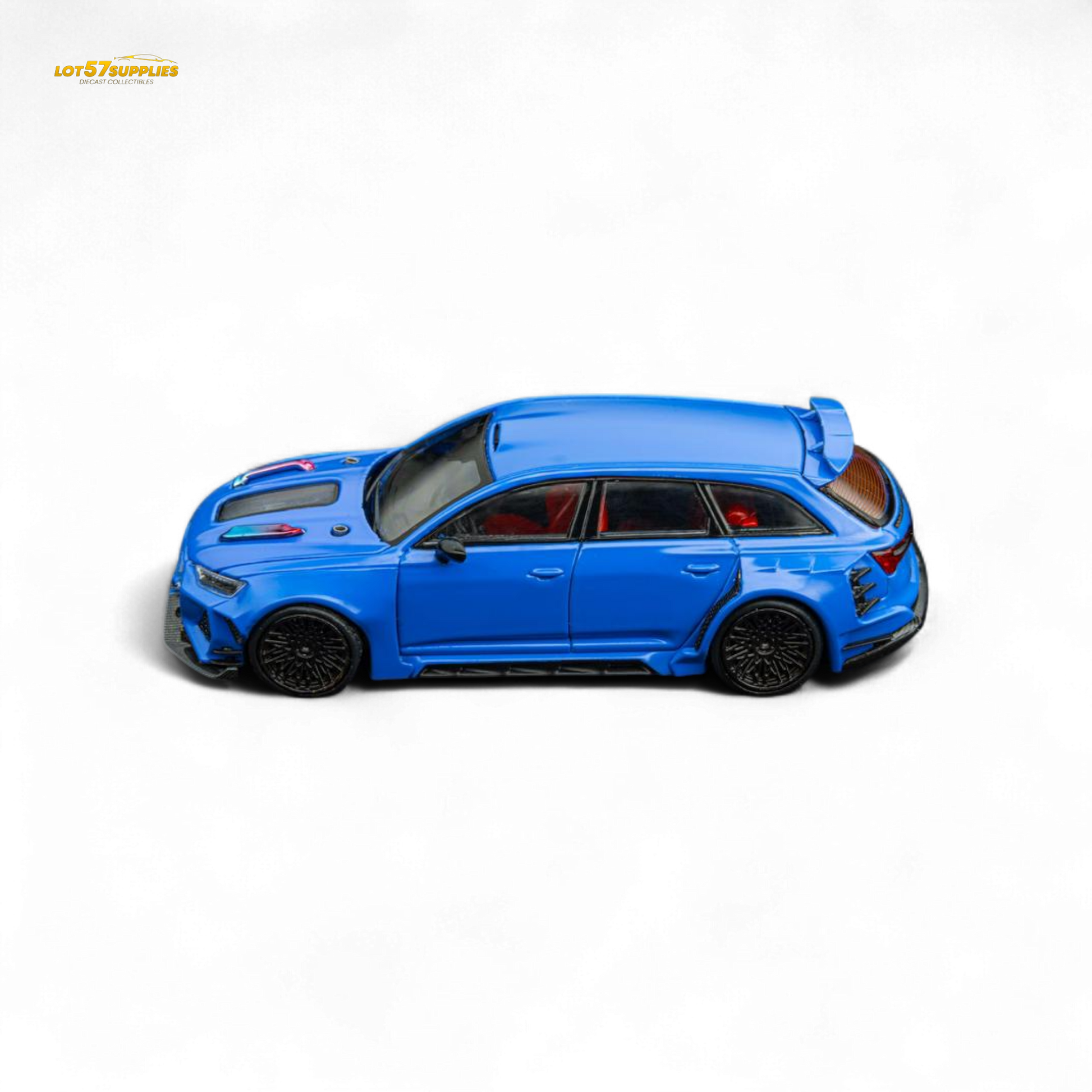 Blue 1:64 scale Audi RS6 wagon diecast model by Lot57Supplies, detailed miniature vehicle for collection or display.