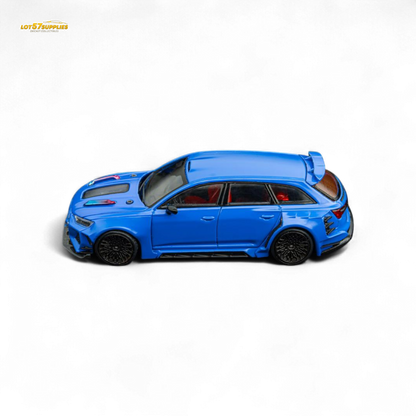 Blue 1:64 scale Audi RS6 wagon diecast model by Lot57Supplies, detailed miniature vehicle for collection or display.
