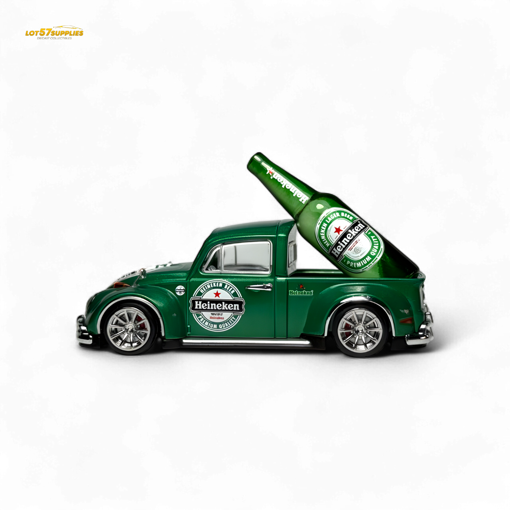 Diecast Liberty 64 VW Beetle Pickup model in Heineken livery, detailed miniature vehicle by Lot57Supplies Diecast Shop.