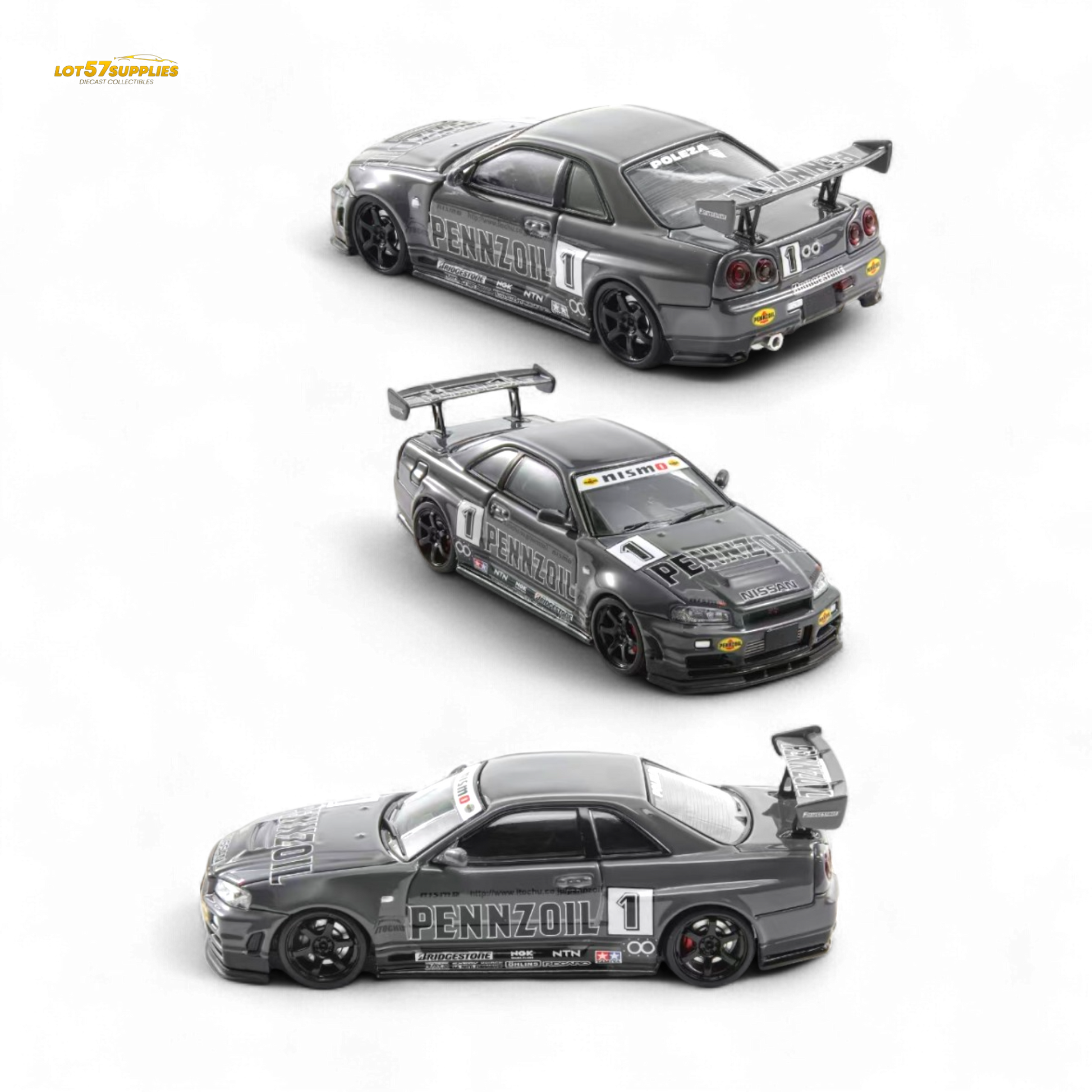 Nissan Skyline GT-R R34 Nismo Z-Tune diecast model in Pennzoil grey, 1:64 scale, detailed miniature car collectible.