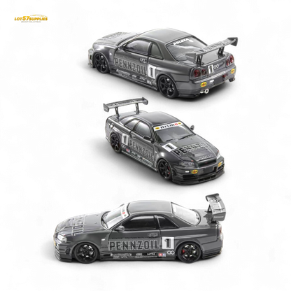 Nissan Skyline GT-R R34 Nismo Z-Tune diecast model in Pennzoil grey, 1:64 scale, detailed miniature car collectible.