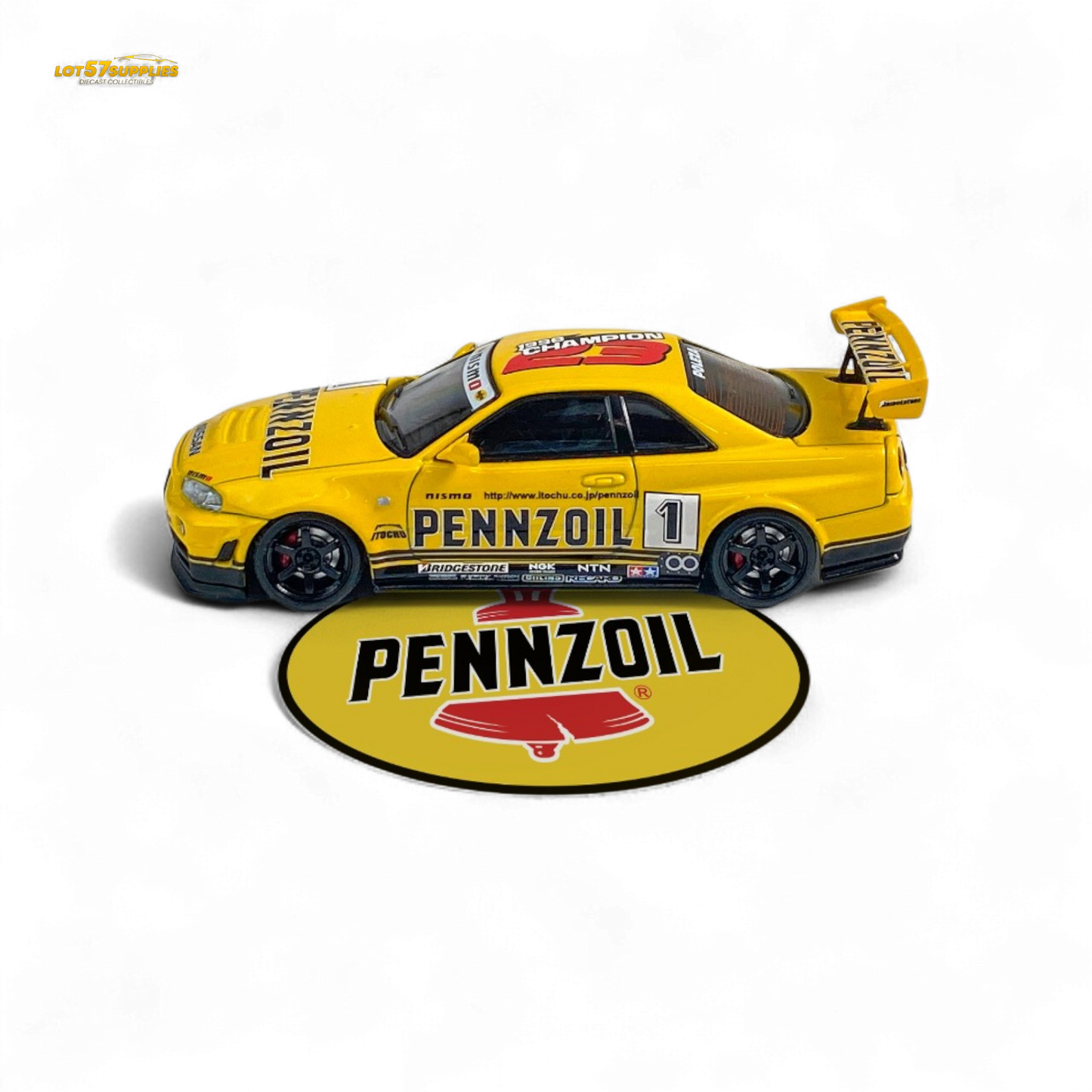 Yellow Nissan Skyline GT-R R34 Nismo Z-Tune diecast model, 1:64 scale with Pennzoil #1 branding, detailed toy car image.