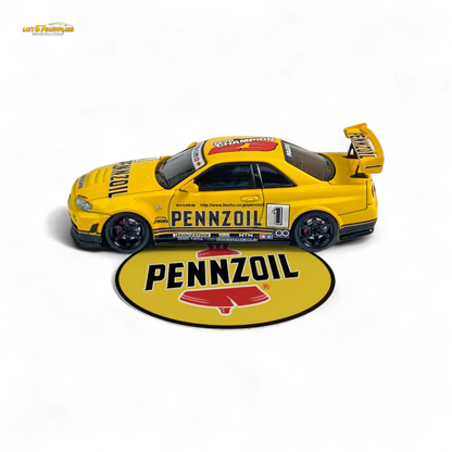 Yellow Nissan Skyline GT-R R34 Nismo Z-Tune diecast model, 1:64 scale with Pennzoil #1 branding, detailed toy car image.