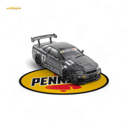 Gray Nissan Skyline GT-R R34 Nismo Z-Tune 1:64 diecast model featuring detailed design and branding.