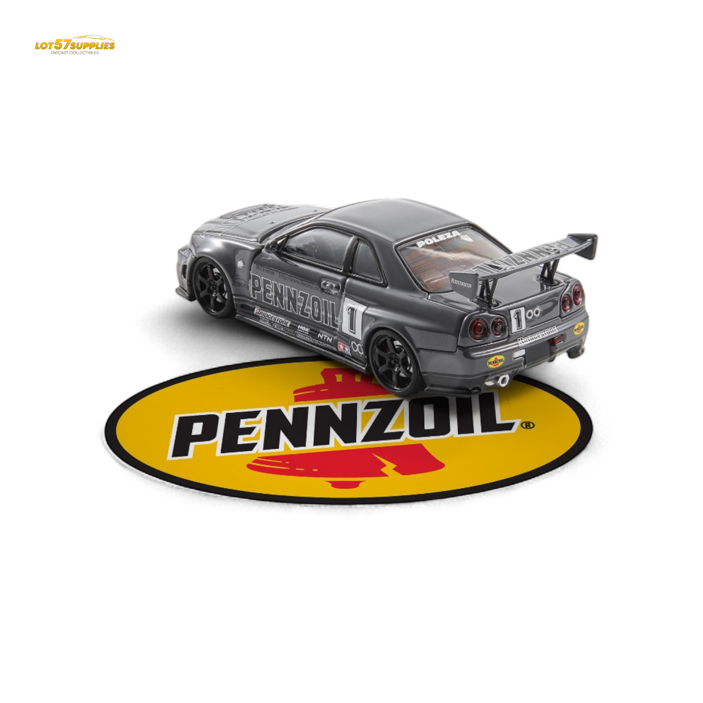 Grey Nissan Skyline GT-R R34 Nismo Z-Tune diecast car, 1:64 scale, featuring detailed design and Pennzoil branding.