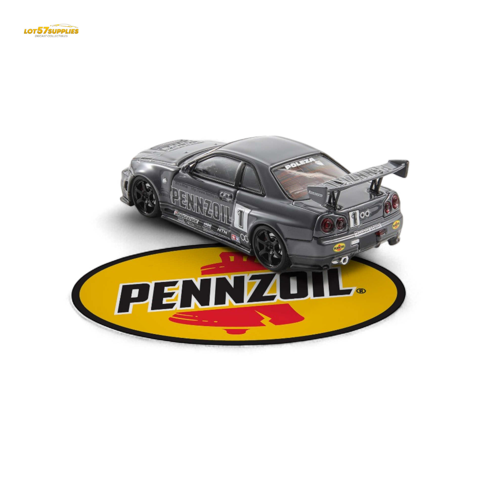 Grey Nissan Skyline GT-R R34 Nismo Z-Tune diecast car, 1:64 scale, featuring detailed design and Pennzoil branding.