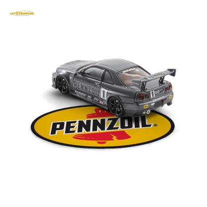 Grey Nissan Skyline GT-R R34 Nismo Z-Tune diecast car, 1:64 scale, featuring detailed design and Pennzoil branding.