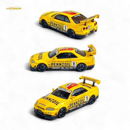 Yellow Nissan Skyline GT-R R34 Nismo Z-Tune diecast car in 1:64 scale, featuring Pennzoil #1 livery and detailed design.