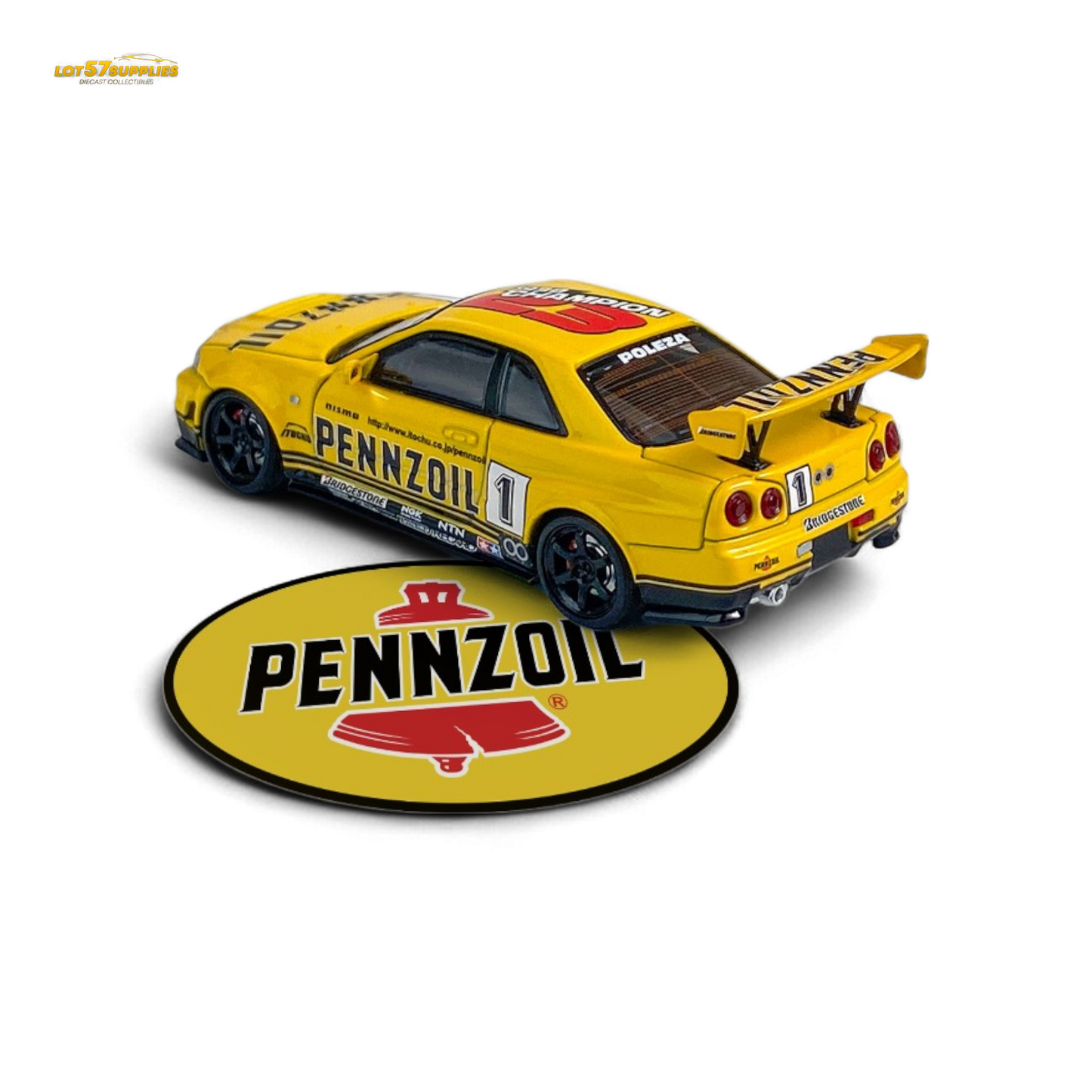 Yellow Nissan Skyline GT-R R34 Nismo Z-Tune diecast car, 1:64 scale, detailed model from Lot57Supplies Diecast Shop, high-speed design