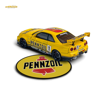 Yellow Nissan Skyline GT-R R34 Nismo Z-Tune diecast car, 1:64 scale, detailed model from Lot57Supplies Diecast Shop, high-speed design