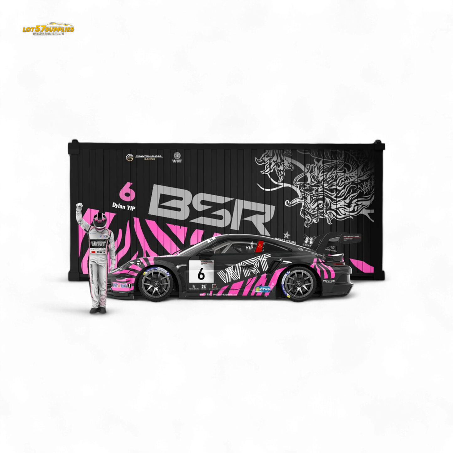 ModernArt & WRT Porsche 911 GT3 Carrera Cup container set in 1:64 scale, featuring detailed diecast Porsche model and accessories.