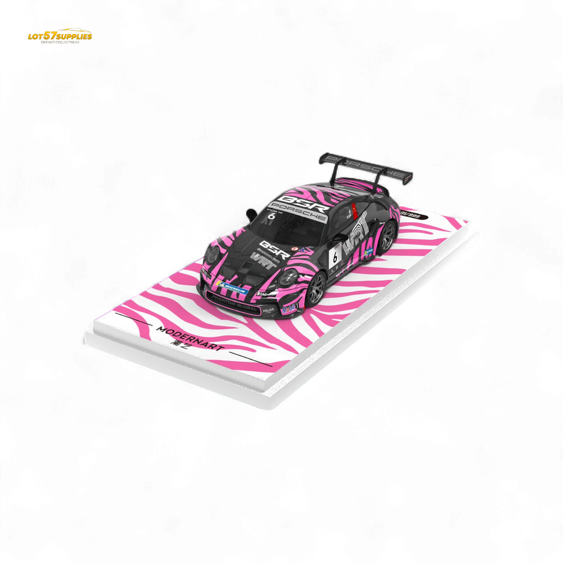 Detailed image of the ModernArt & WRT Porsche 911 GT3 Carrera Cup container set in 1:64 scale, featuring diecast Porsche models.