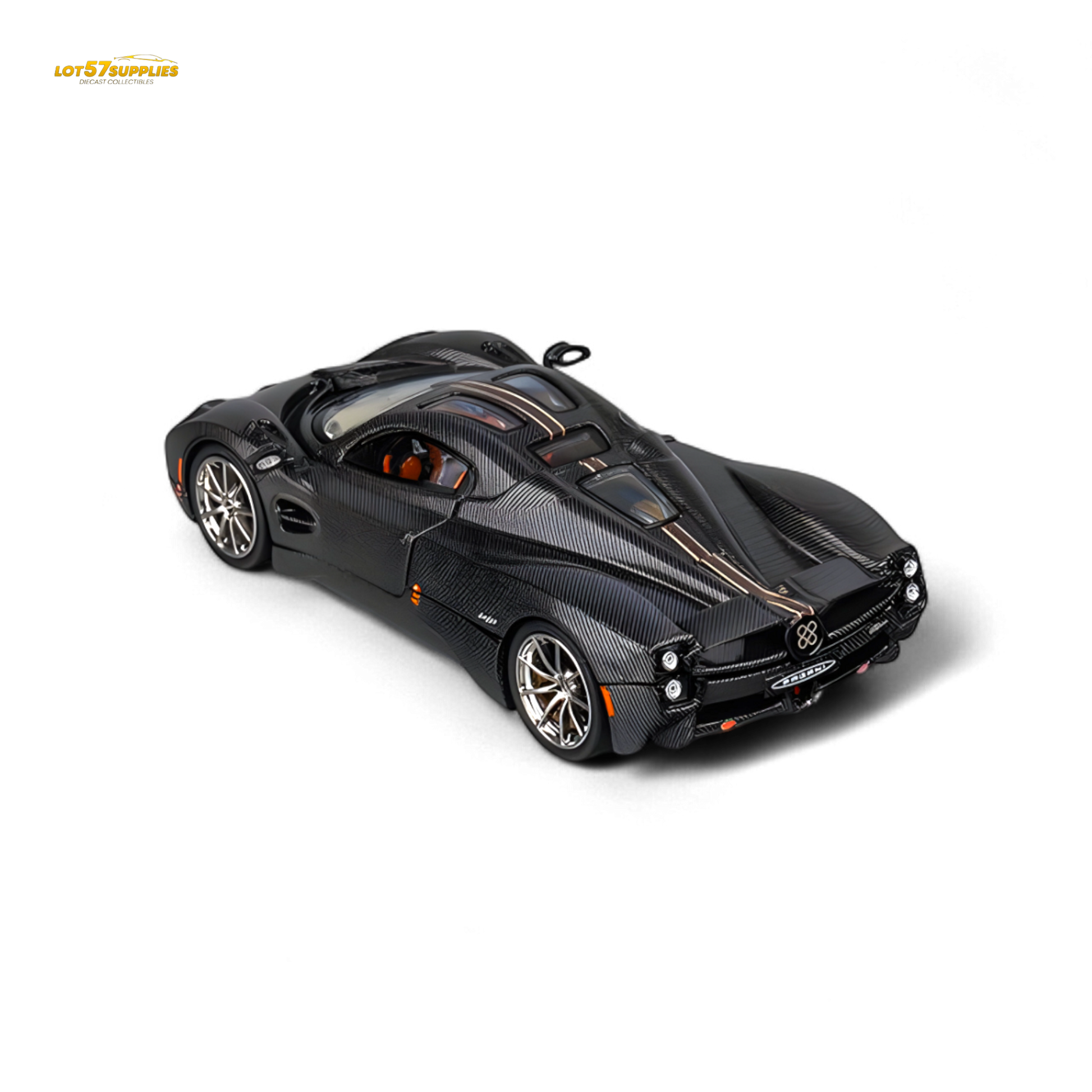 Red-striped Pagani Utopia diecast model in full carbon finish, 1:64 scale by Lot57Supplies Diecast Shop.
