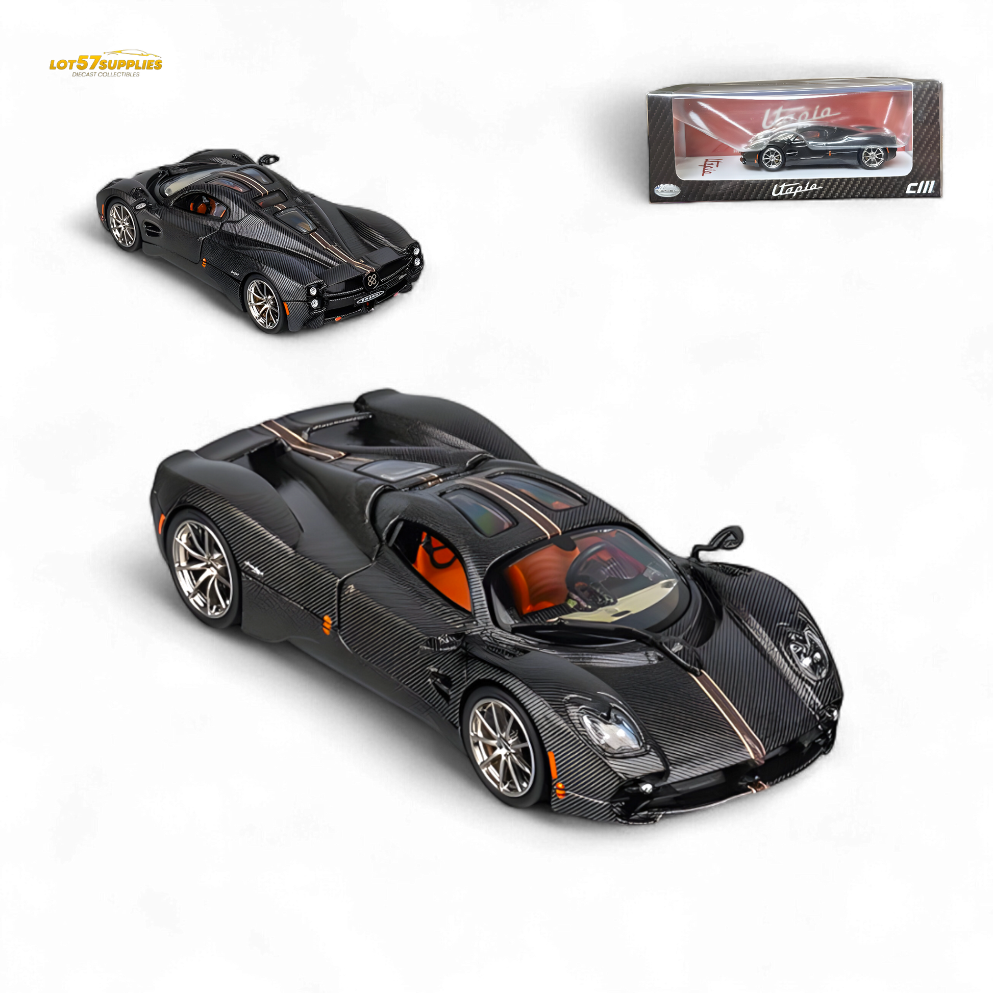 Red stripe Pagani Utopia diecast model by Lot57Supplies, detailed 1:64 scale full-carbon replica with precise features.