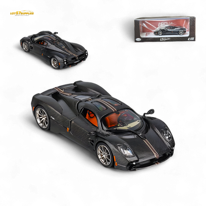 Red stripe Pagani Utopia diecast model by Lot57Supplies, detailed 1:64 scale full-carbon replica with precise features.
