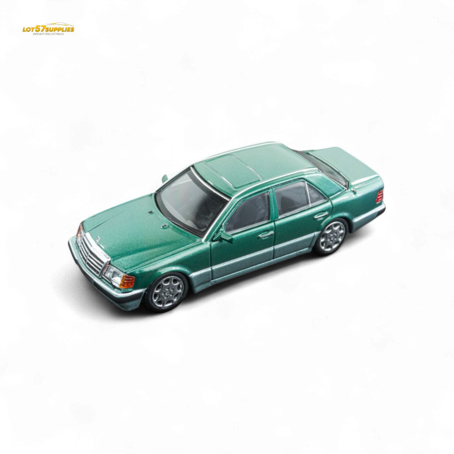 Pre-order DCM Mercedes-Benz 500E diecast model in emerald green, 1:64 scale, detailed replica from Lot57Supplies Diecast Shop