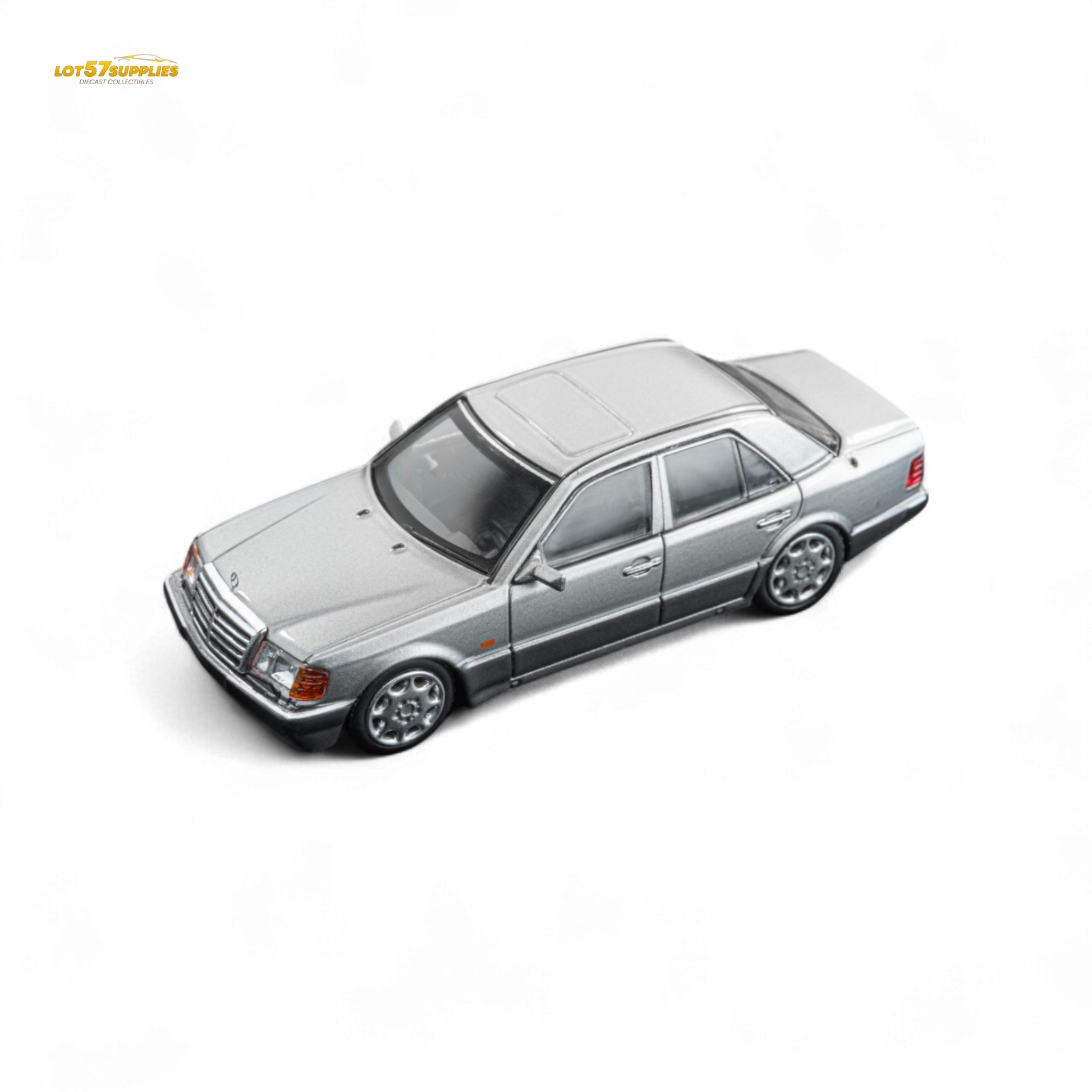 Gray titanium Mercedes-Benz 500E diecast model in 1:64 scale by DCM Benz, detailed silver finish, new pre-order item.