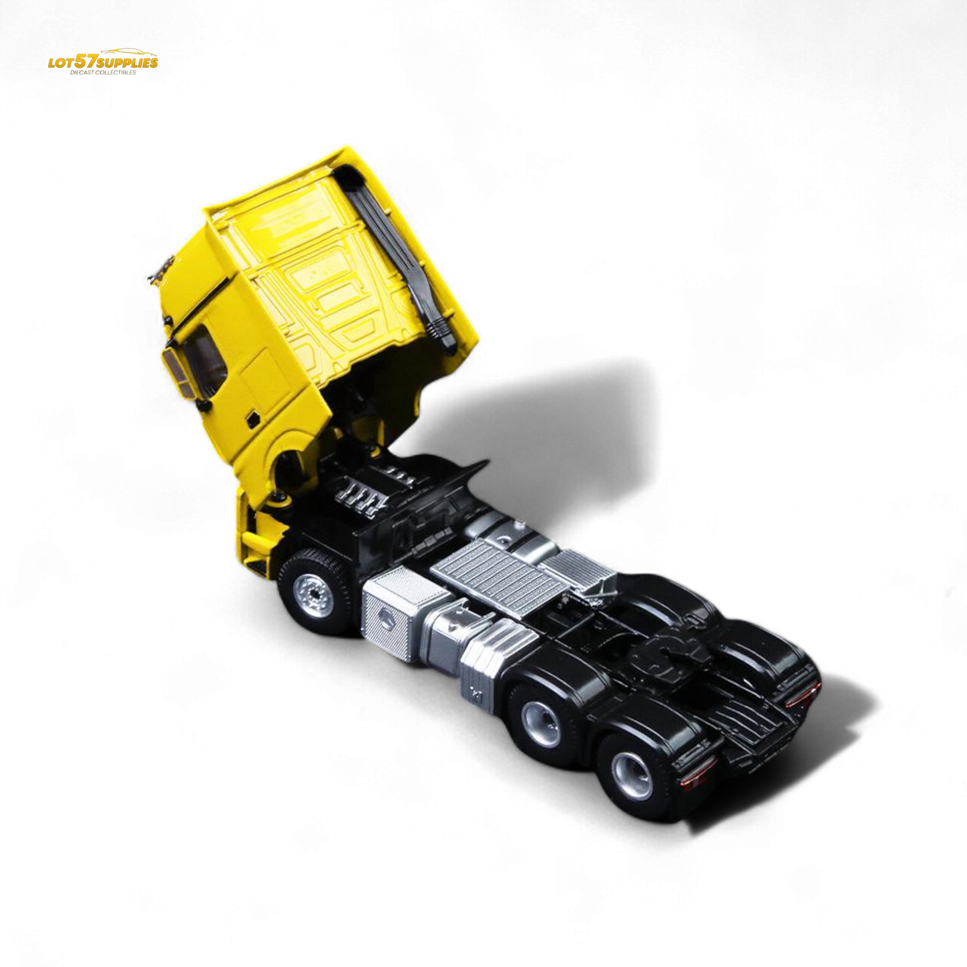 Yellow Mercedes-Benz TimeMicro & Perka flatbed transport vehicle in 1:64 scale, detailed diecast model by Lot57Supplies.