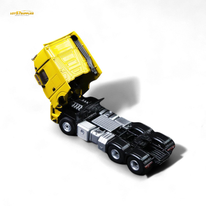 Yellow Mercedes-Benz TimeMicro & Perka flatbed transport vehicle in 1:64 scale, detailed diecast model by Lot57Supplies.