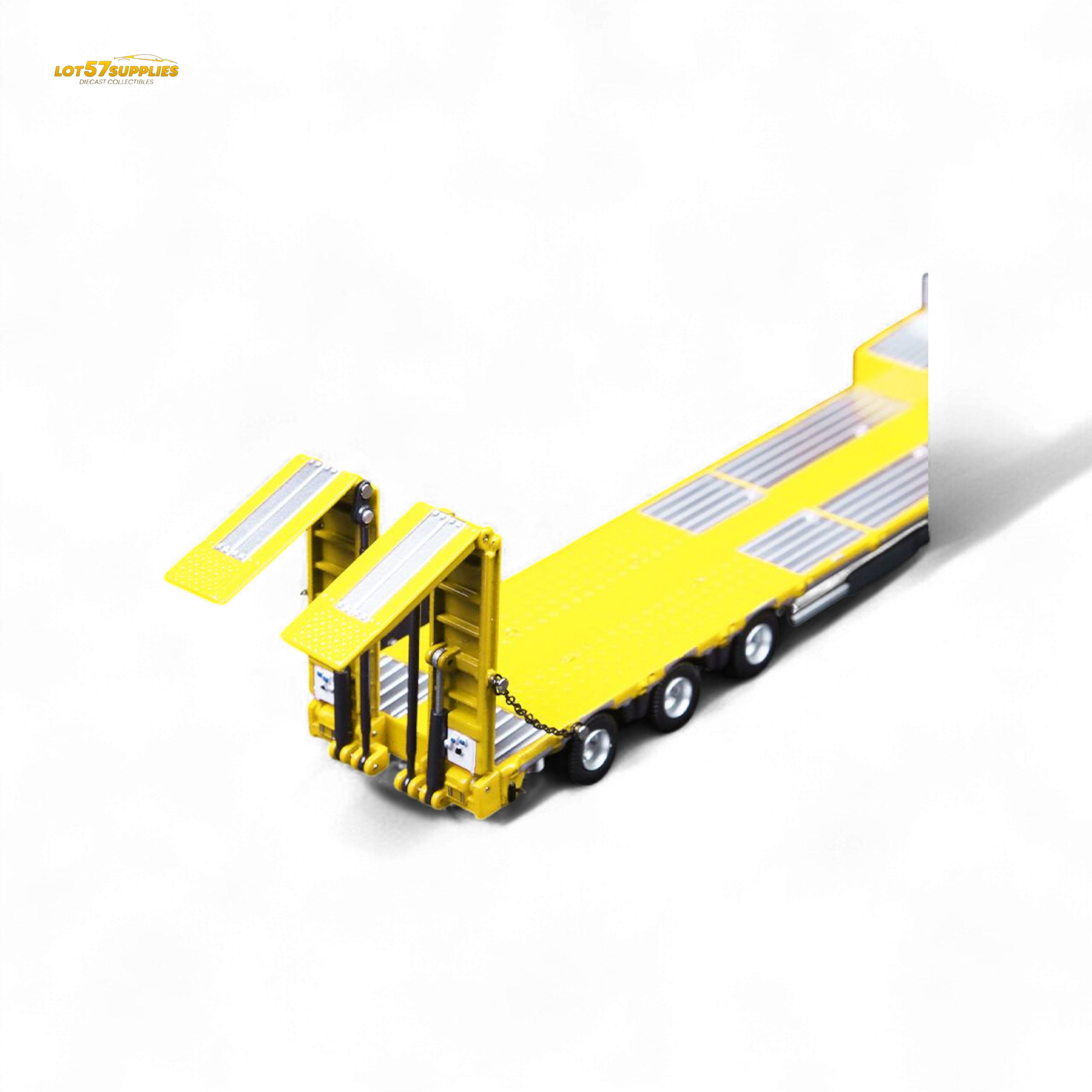 Yellow Mercedes-Benz Benz Flatbed Transport Vehicle diecast model in 1:64 scale, featuring detailed truck design and realistic features.