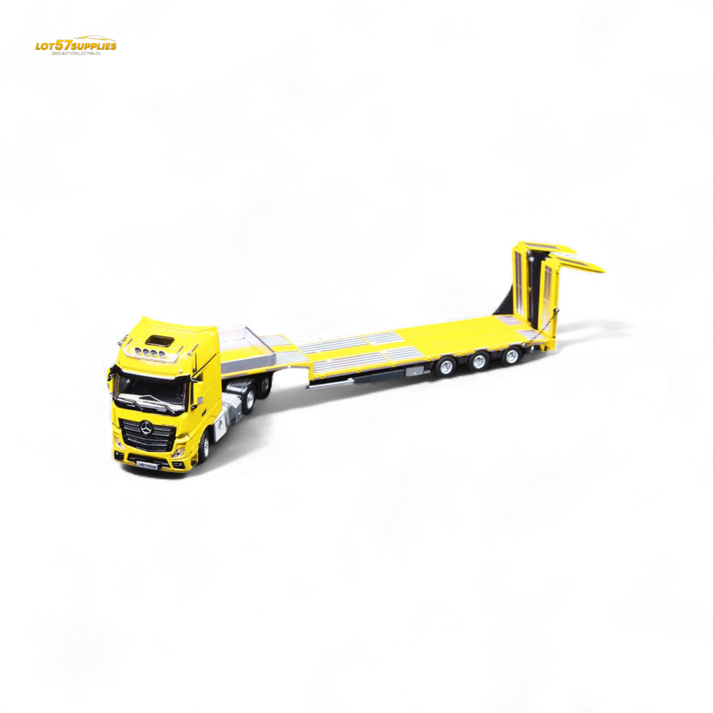 Yellow Mercedes-Benz Benz flatbed transport vehicle diecast model in 1:64 scale by Lot57Supplies Diecast Shop.