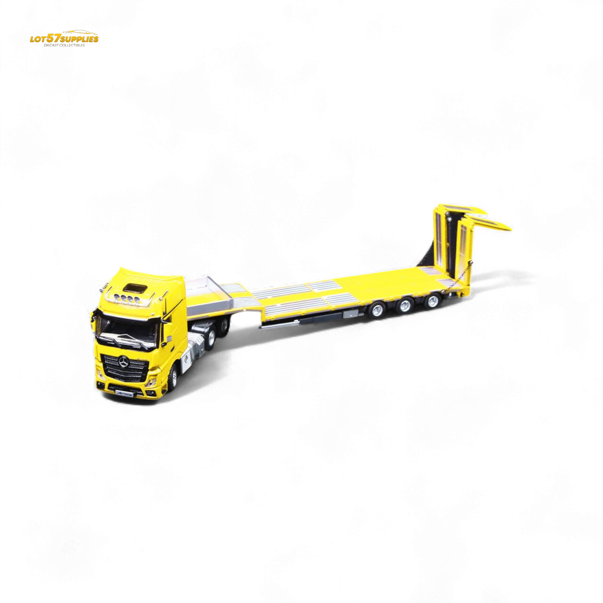 Yellow Mercedes-Benz Benz flatbed transport vehicle diecast model in 1:64 scale by Lot57Supplies Diecast Shop.