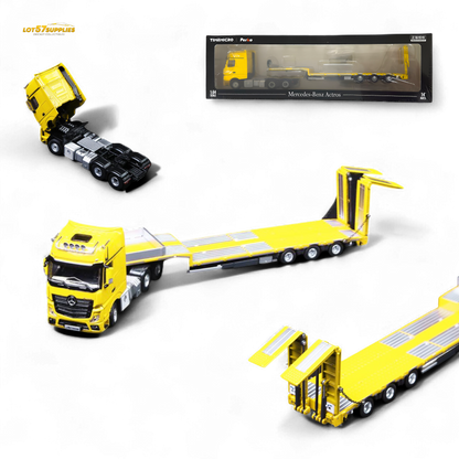 Yellow Mercedes-Benz BENZ flatbed transport vehicle diecast model in 1:64 scale by Lot57Supplies Diecast Shop.