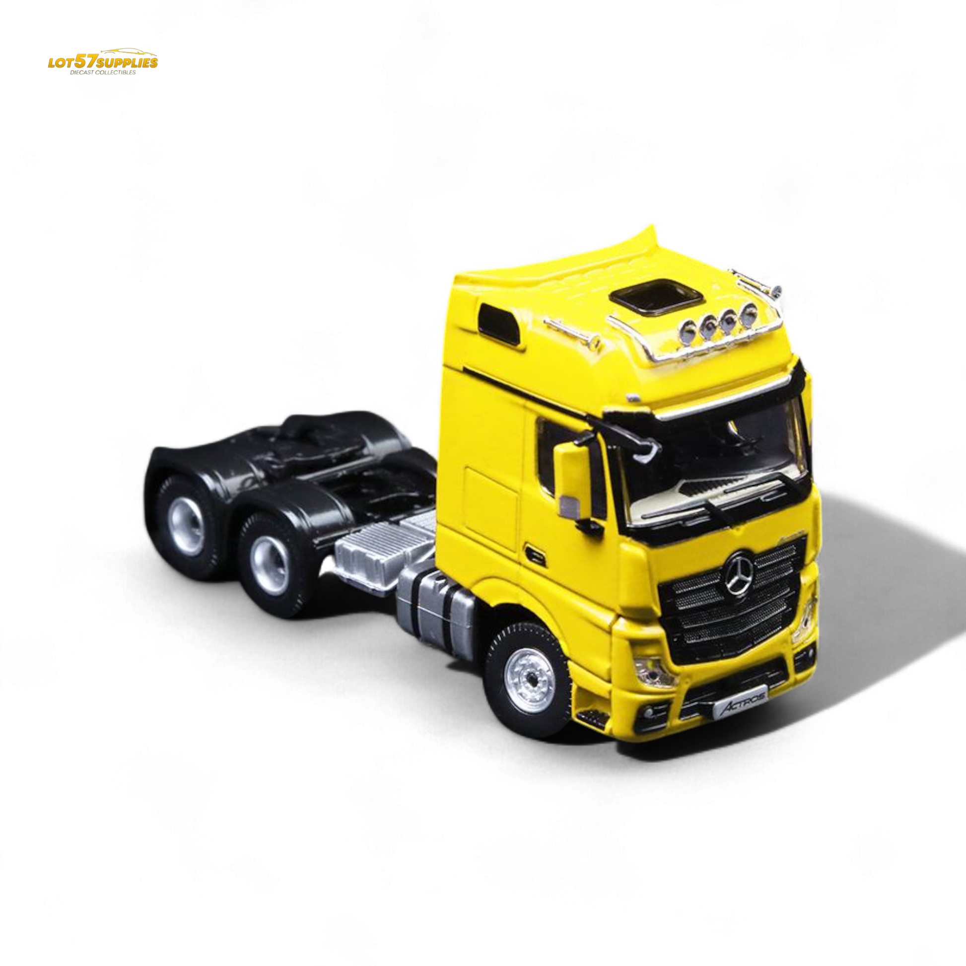 Yellow Mercedes-Benz TimeMicro & Perka Benz flatbed transport vehicle in 1:64 scale, detailed diecast model for collectors
