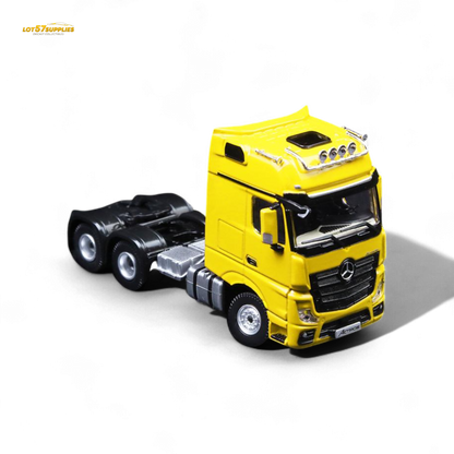 Yellow Mercedes-Benz TimeMicro & Perka Benz flatbed transport vehicle in 1:64 scale, detailed diecast model for collectors