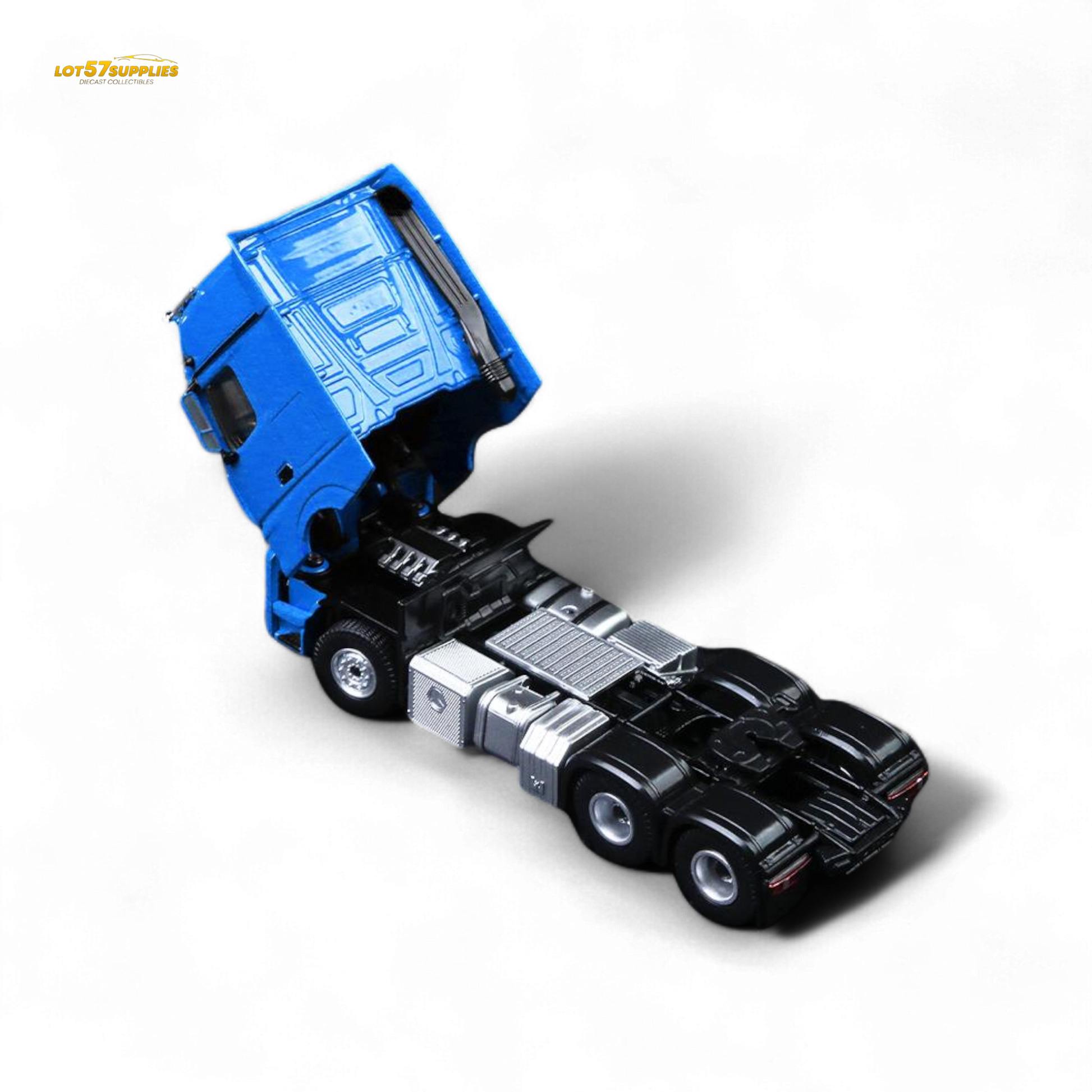 Blue Mercedes-Benz Benz Flatbed Transport Vehicle diecast model in 1:64 scale, detailed miniature from Lot57Supplies Diecast Shop