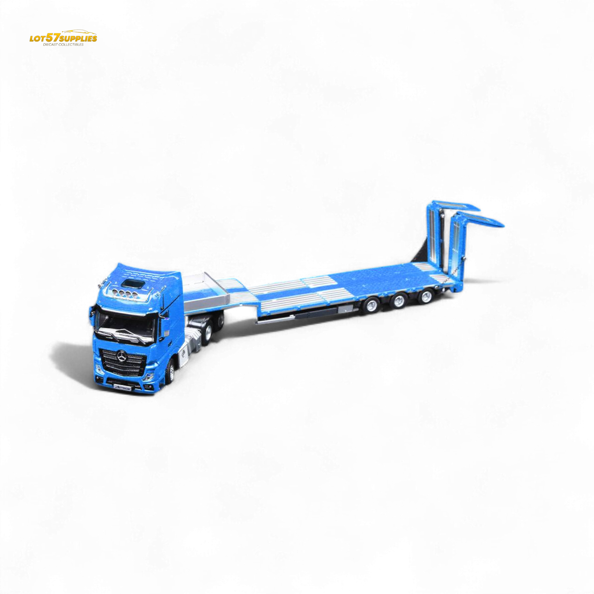 Blue Mercedes-Benz BENZ flatbed transport vehicle diecast model in 1:64 scale, detailed toy truck with cargo bed.
