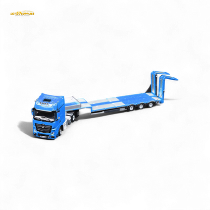 Blue Mercedes-Benz BENZ flatbed transport vehicle diecast model in 1:64 scale, detailed toy truck with cargo bed.