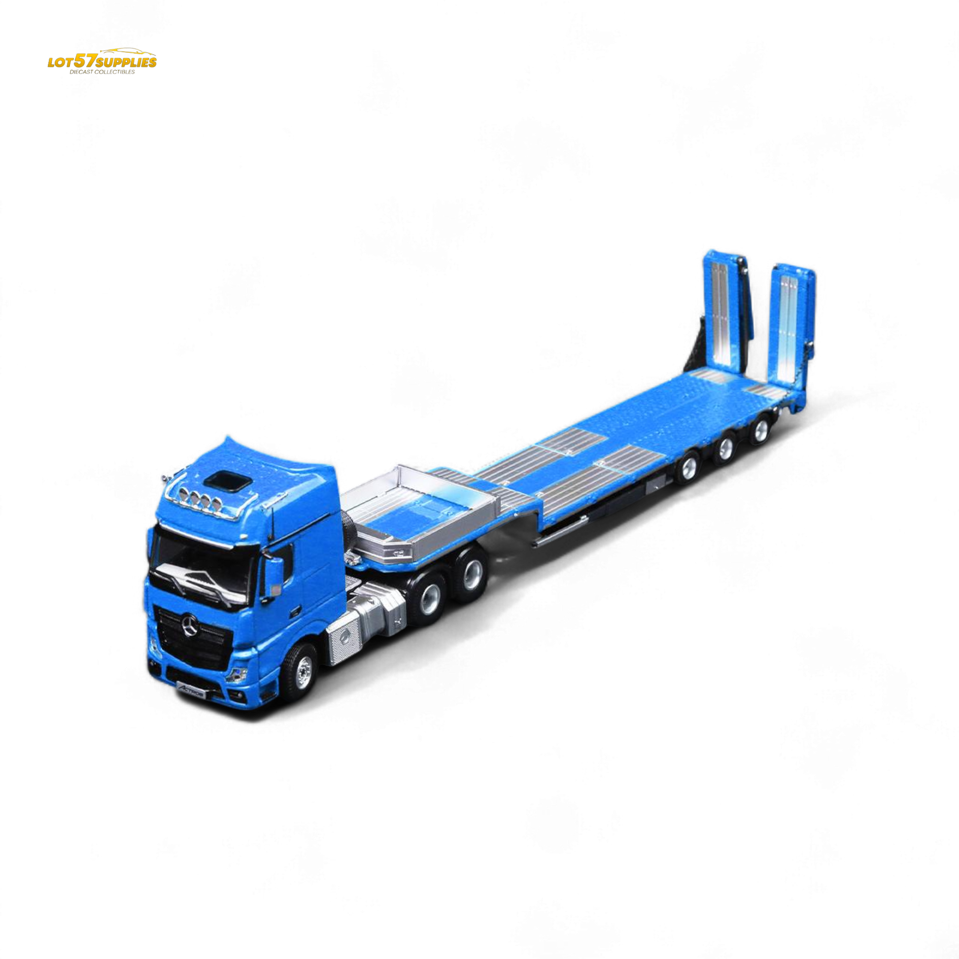 Blue Mercedes-Benz flatbed transport vehicle diecast model in 1:64 scale, detailed replica from Lot57Supplies Diecast Shop.