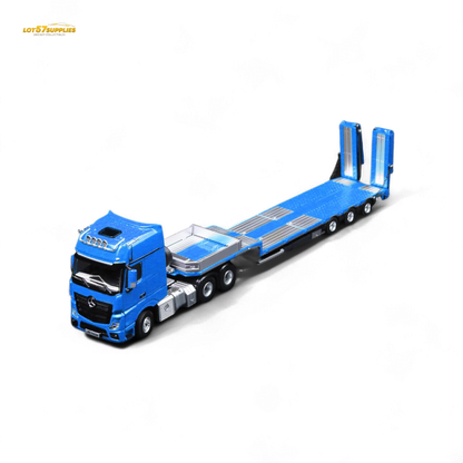 Blue Mercedes-Benz flatbed transport vehicle diecast model in 1:64 scale, detailed replica from Lot57Supplies Diecast Shop.