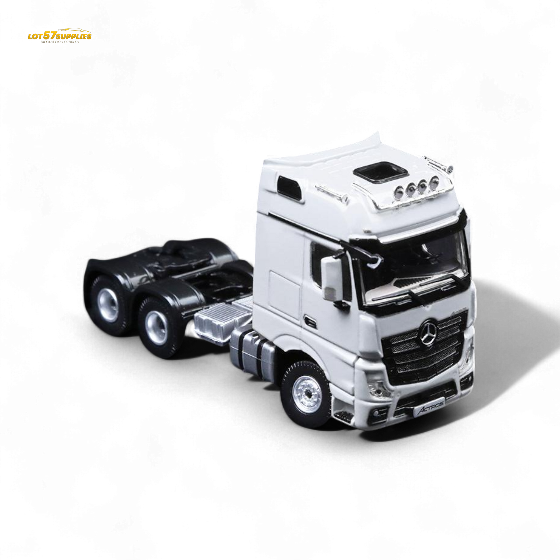 White Mercedes-Benz Benz flatbed transport vehicle diecast model in 1:64 scale, detailed and realistic appearance.