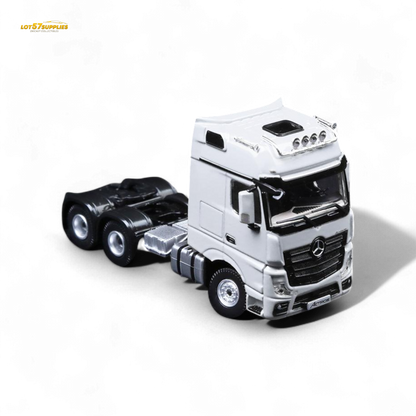 White Mercedes-Benz Benz flatbed transport vehicle diecast model in 1:64 scale, detailed and realistic appearance.