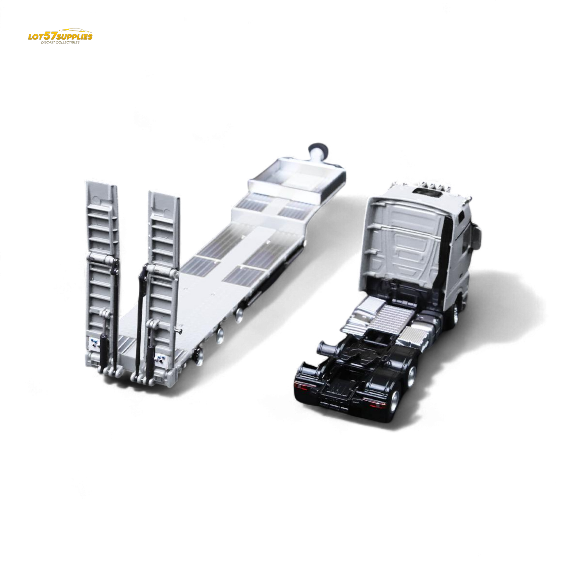 White Mercedes-Benz BENZ flatbed transport vehicle diecast model in 1:64 scale, detailed replica from Lot57Supplies Diecast Shop