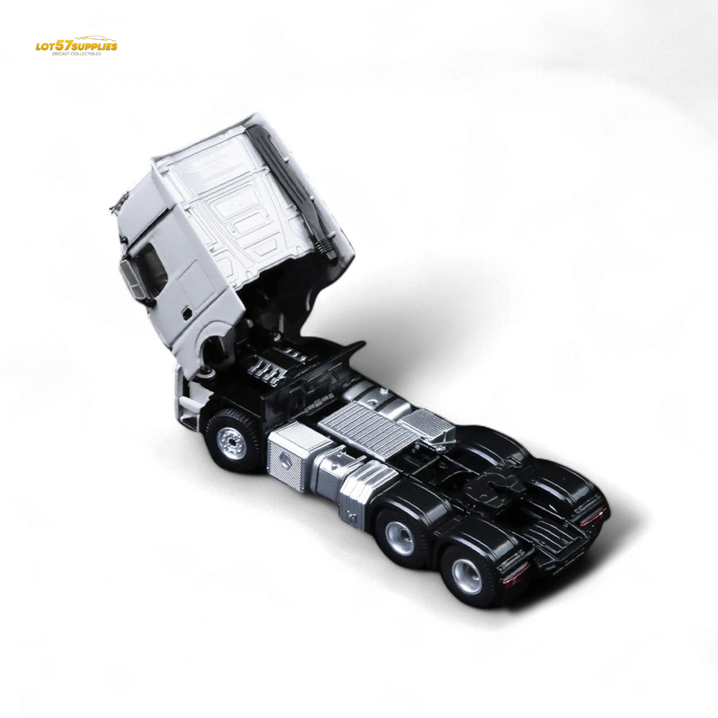 White Mercedes-Benz Benz Flatbed Transport Vehicle diecast model in 1:64 scale with detailed features.