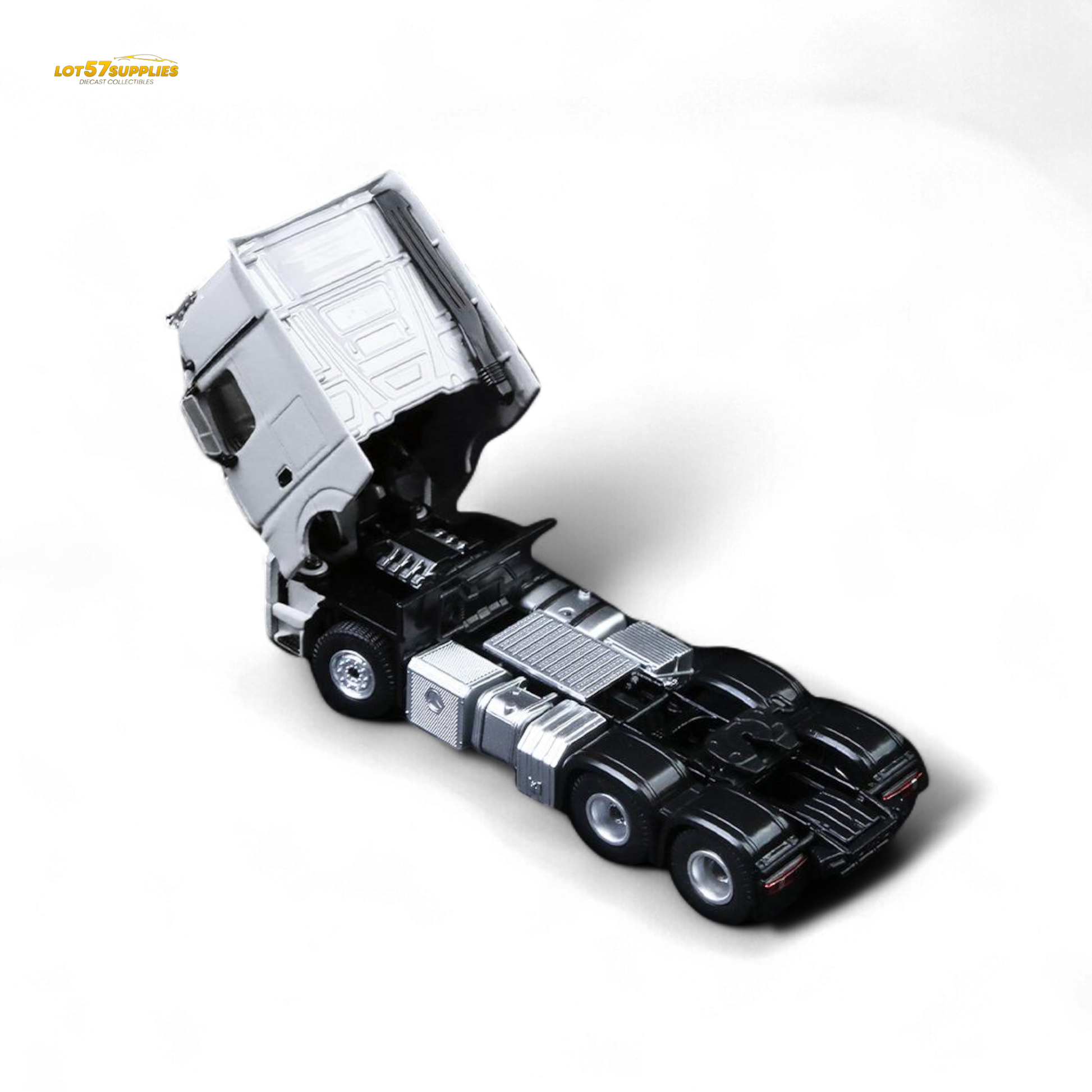 White Mercedes-Benz Benz Flatbed Transport Vehicle diecast model in 1:64 scale with detailed features.