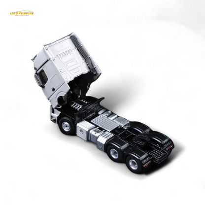White Mercedes-Benz Benz Flatbed Transport Vehicle diecast model in 1:64 scale with detailed features.