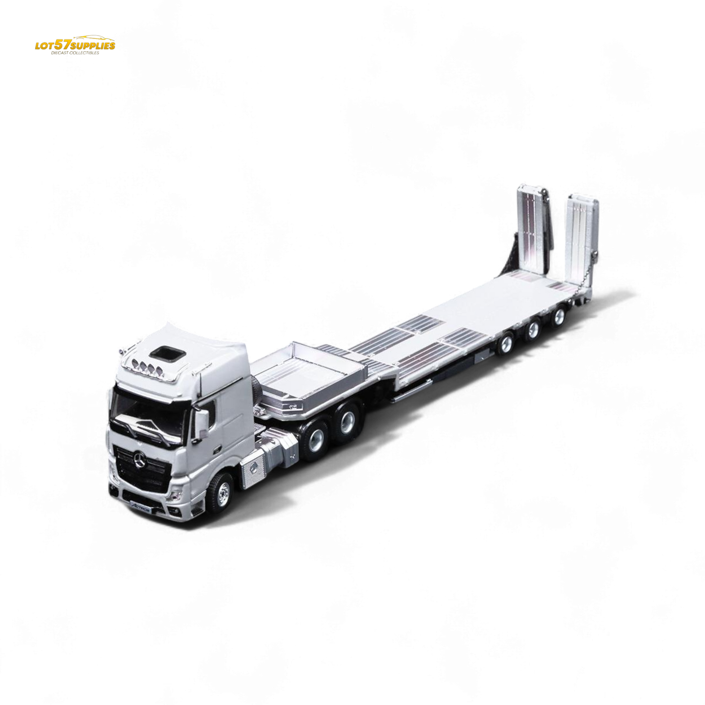 White Mercedes-Benz Benz Flatbed Transport Vehicle diecast model in 1:64 scale by Lot57Supplies Diecast Shop.