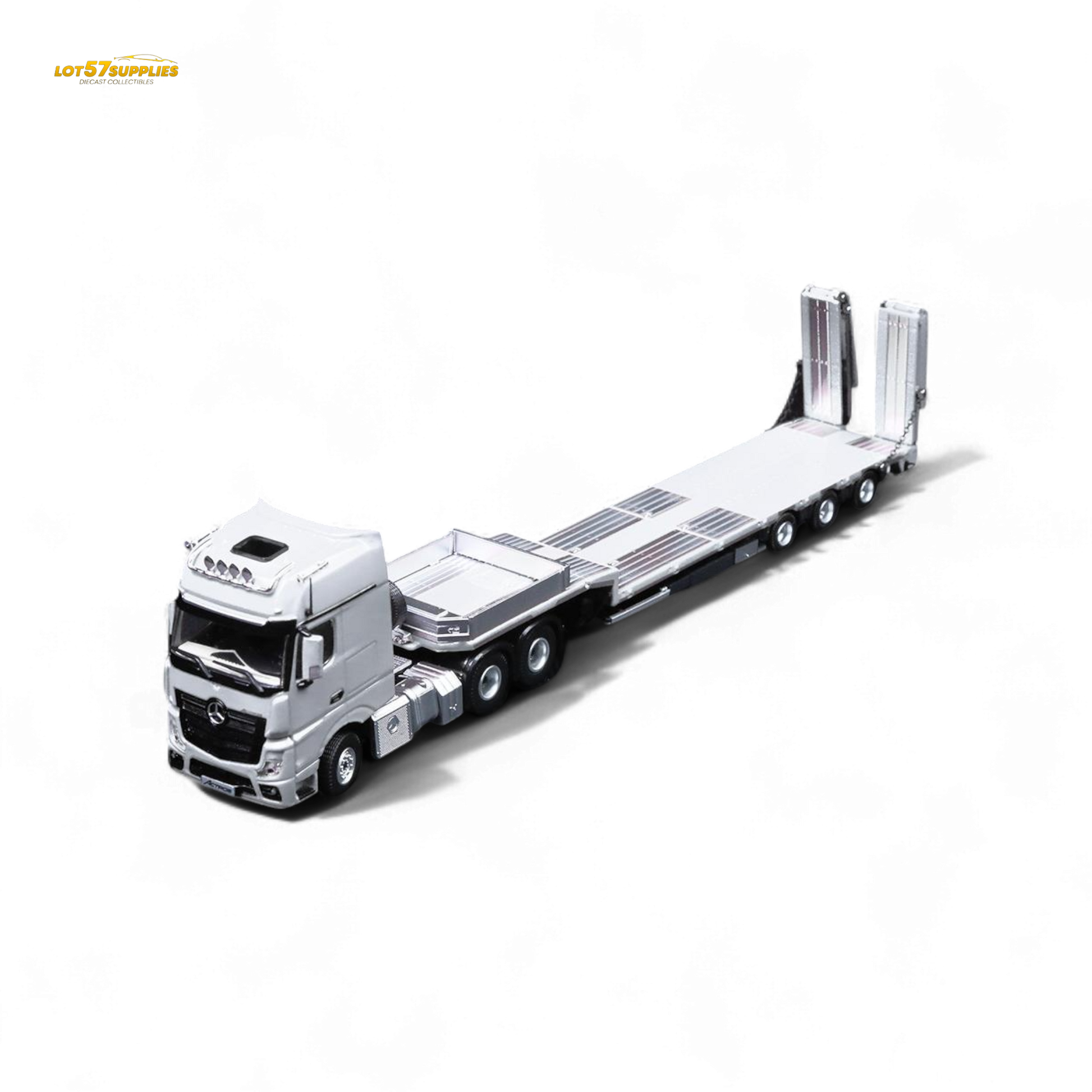 White Mercedes-Benz Benz Flatbed Transport Vehicle diecast model in 1:64 scale by Lot57Supplies Diecast Shop.