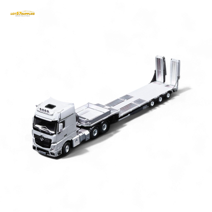 White Mercedes-Benz Benz Flatbed Transport Vehicle diecast model in 1:64 scale by Lot57Supplies Diecast Shop.
