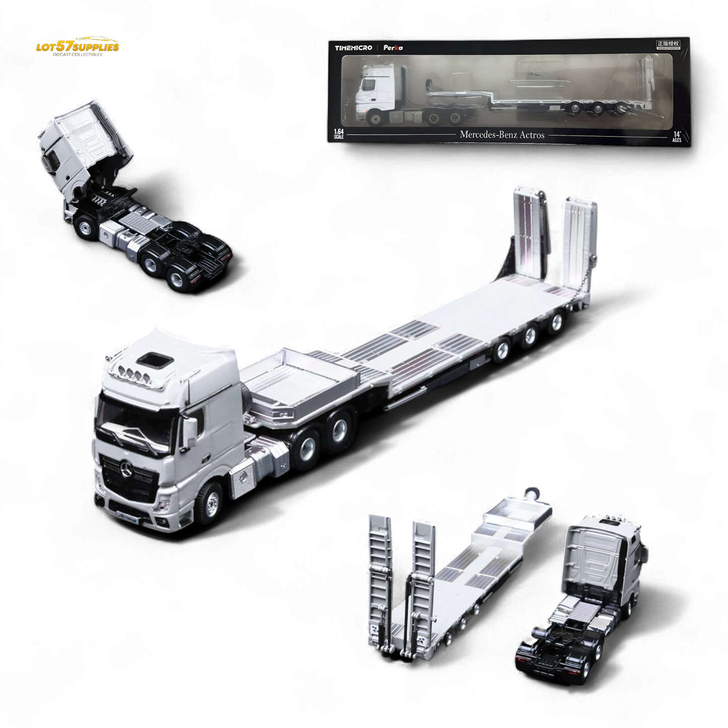 White Mercedes-Benz TimeMicro & Perka Benz flatbed transport vehicle diecast model, detailed miniature for collection.