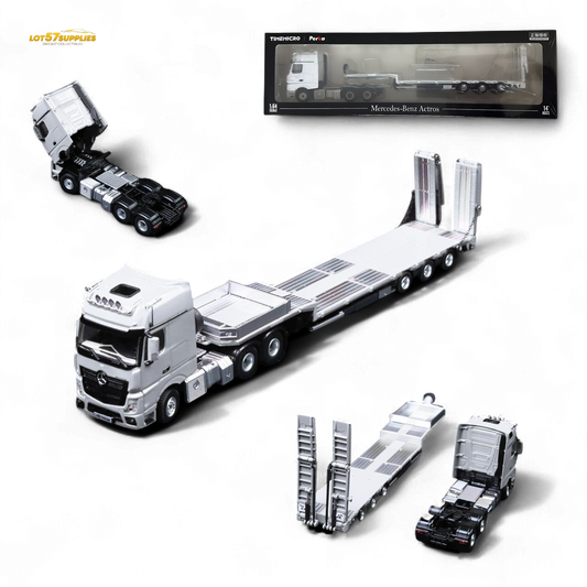 White Mercedes-Benz TimeMicro & Perka Benz flatbed transport vehicle diecast model, detailed miniature for collection.