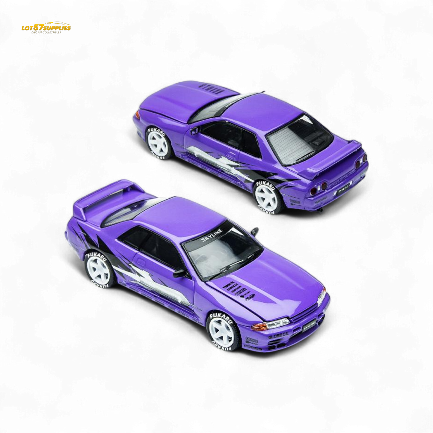 Purple Nissan Skyline GT-R R32 diecast model by Lot57Supplies, detailed 1:64 scale car for collectors and enthusiasts.